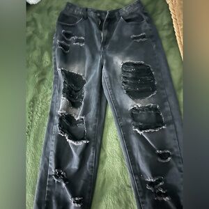 SHEIN Black Distressed Straight Leg Jeans